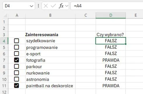 Formatowanie pól wyboru